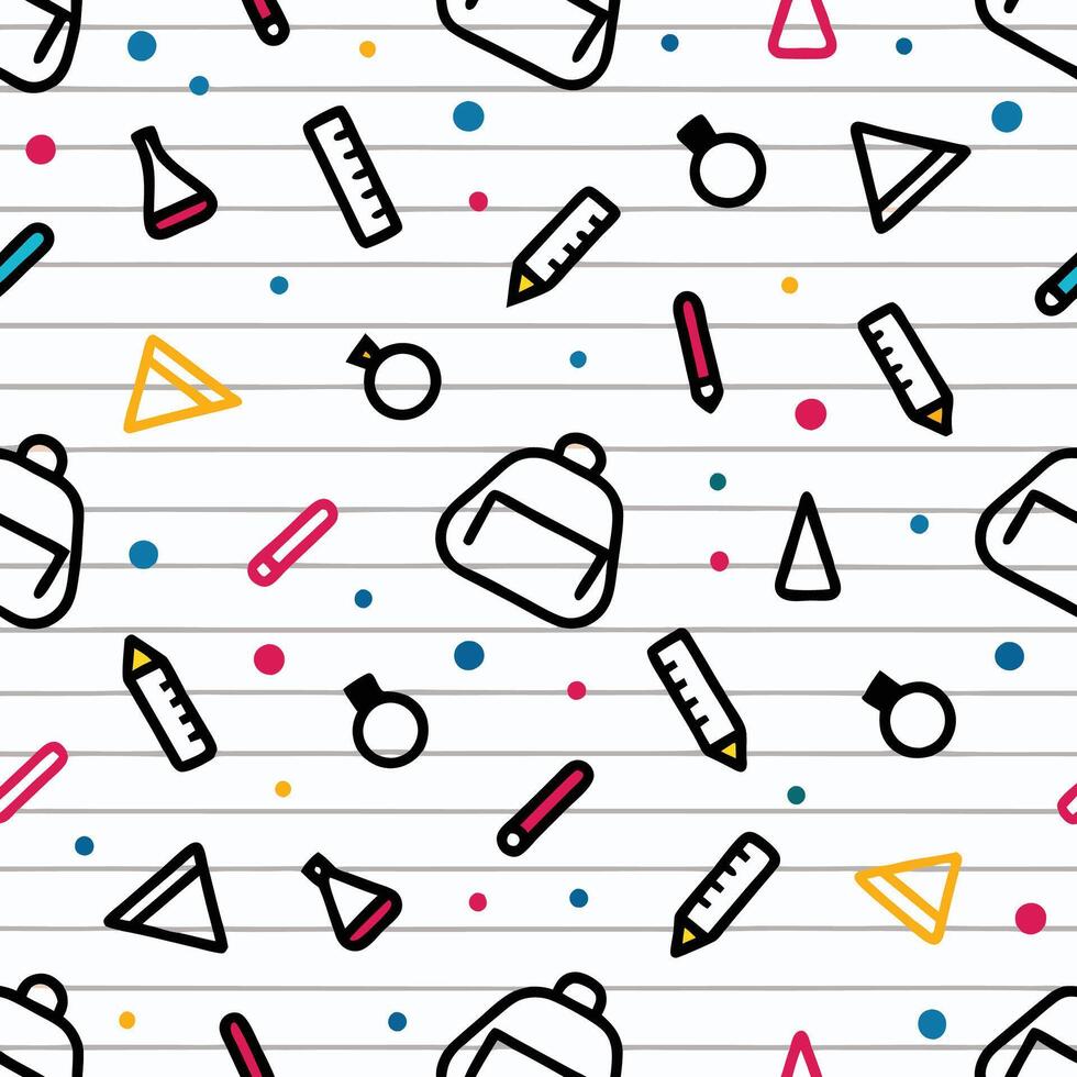 Seamless pattern of school supplies on notebook paper background. vector