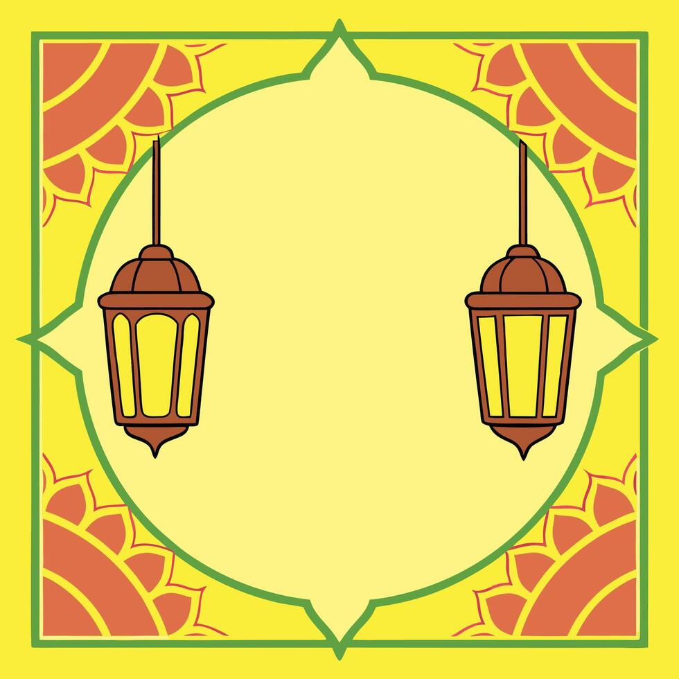 Festive yellow background with hanging lanterns and ornate border. vector