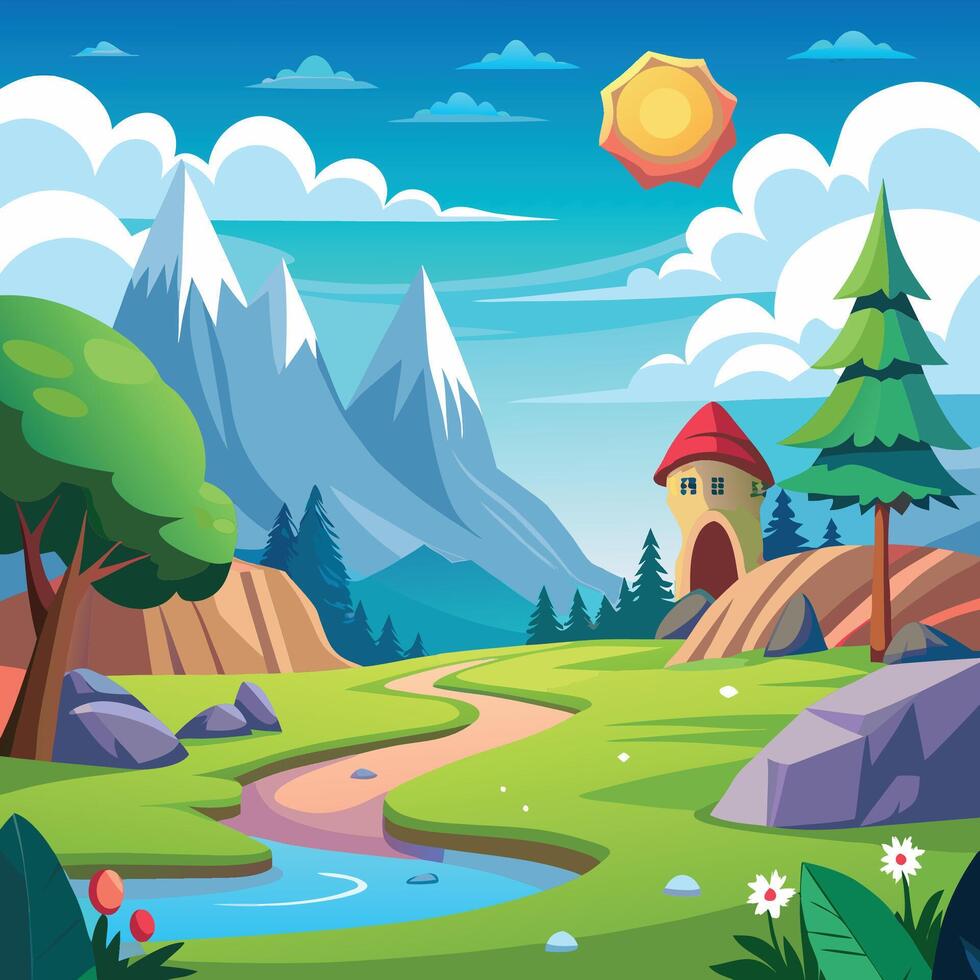 Idyllic landscape featuring a winding path, a quaint house, a tranquil river, lush greenery, majestic mountains, and a clear blue sky. vector