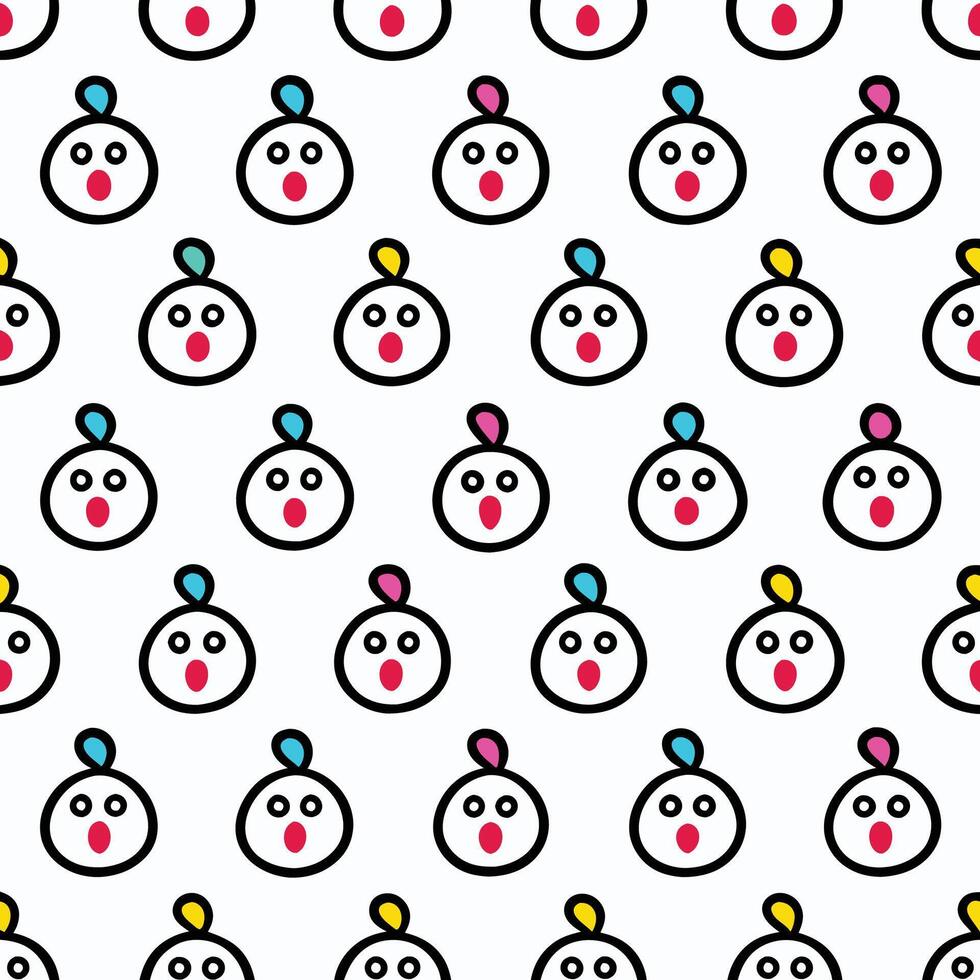 Seamless pattern of cute cartoon faces with surprised expressions and colorful hair tufts. vector