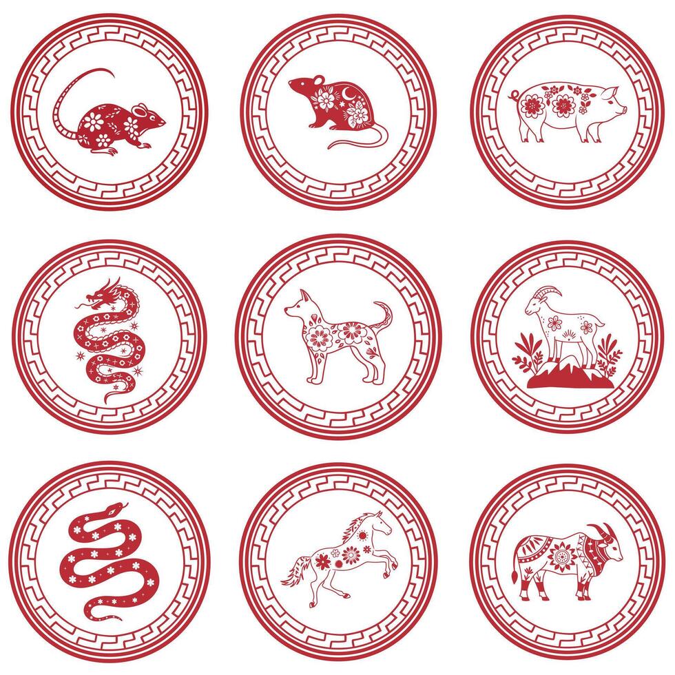 Set of Artistic Chinese Zodiac Signs Design for Cultural Project vector