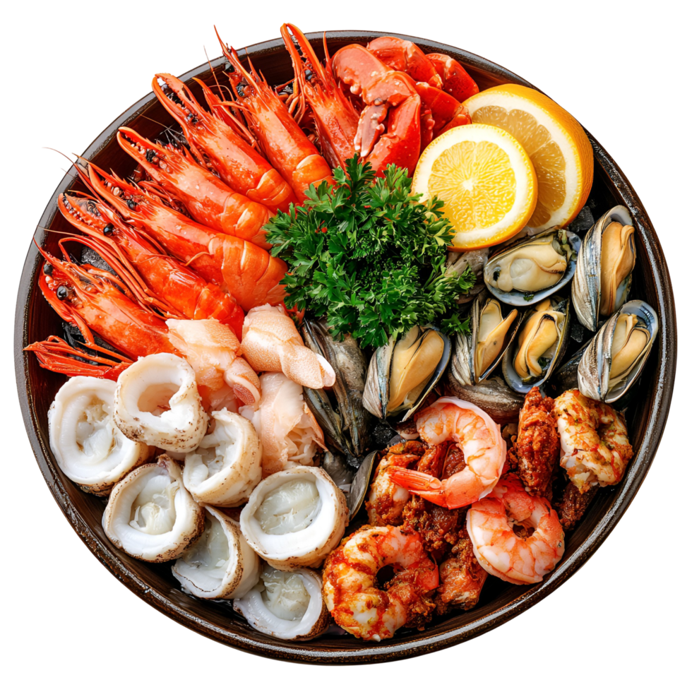 Fresh White Shrimp With Lemon And Orange Slices Beautifully Arranged On A Seafood Plate png