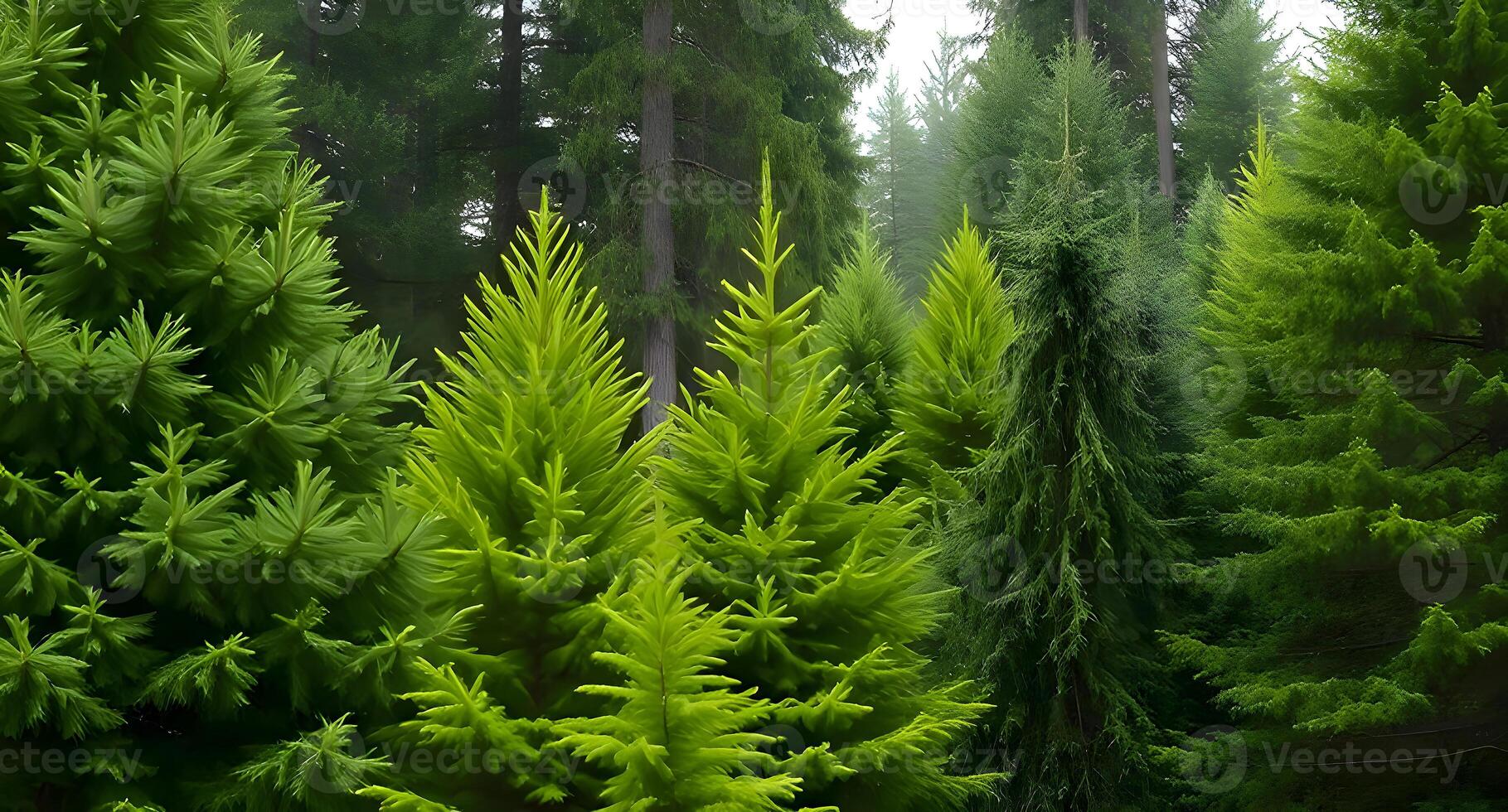 Several green trees are in a forest photo