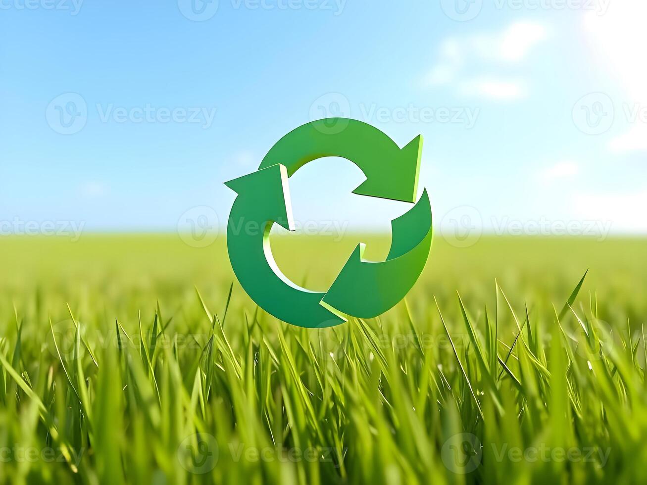 Green recycling symbol on grass field photo
