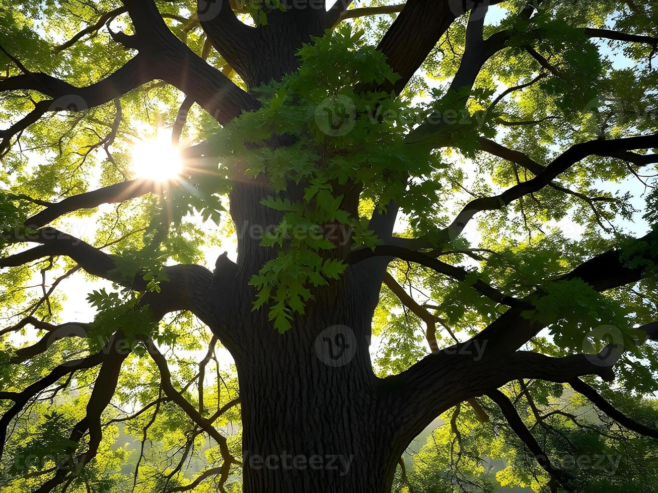 The sun shines through the leaves of a large tree photo