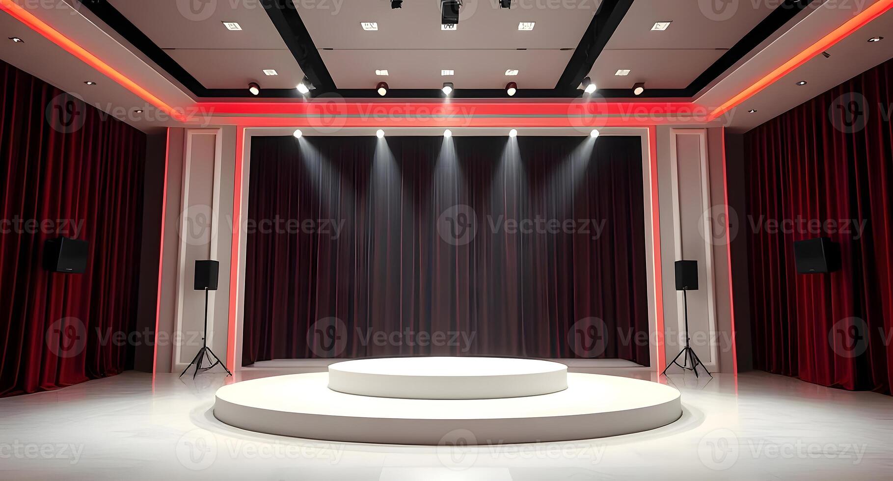 An empty stage with red curtains and a spotlight photo