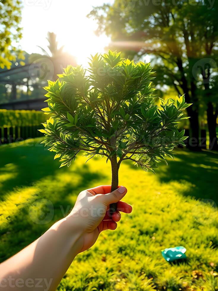 A hand holding a small tree in the grass photo
