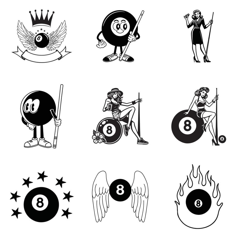 Collection of Billiard Ball Clipart with Female Player in Cue Sports Design vector