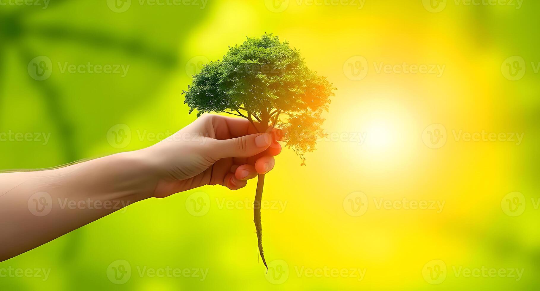 A hand holding a tree with a green leaf photo