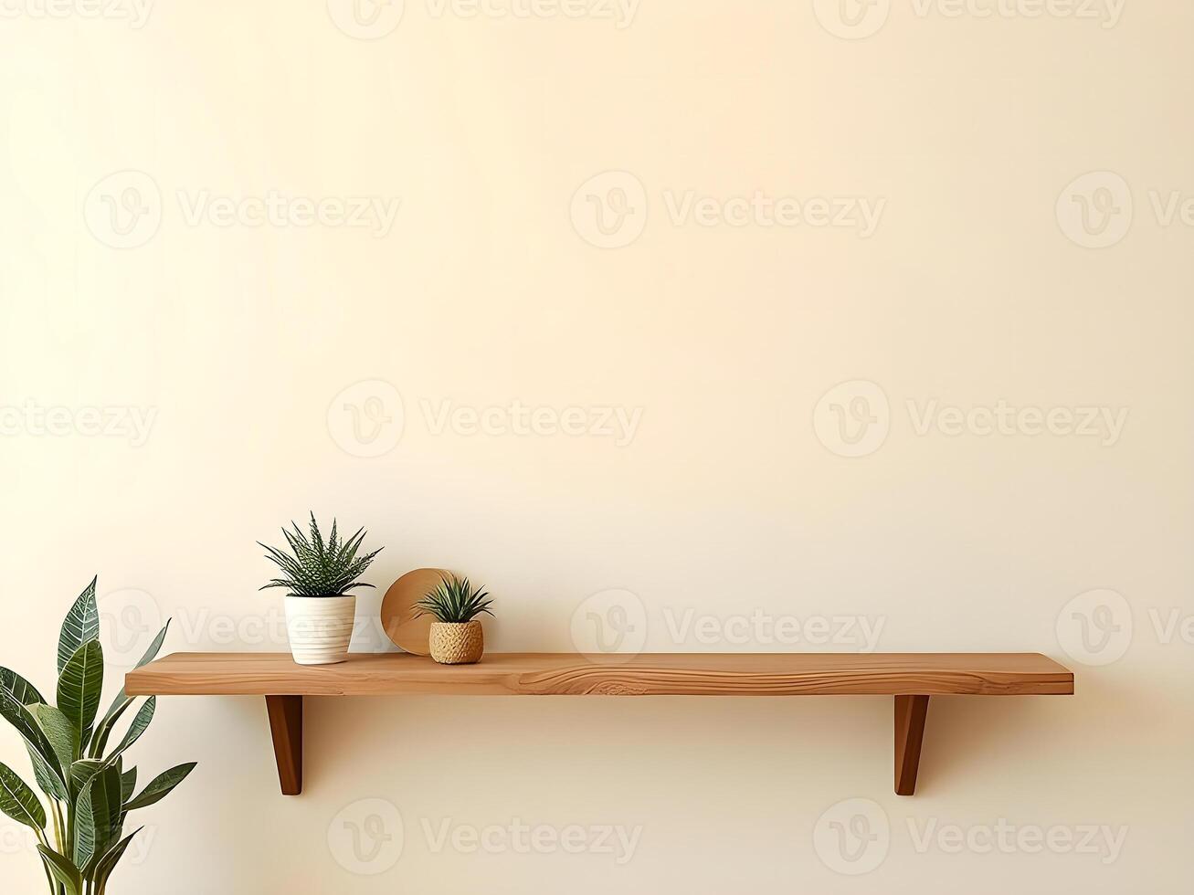 Wooden shelf with potted plant and copy space on white wall 3d render photo
