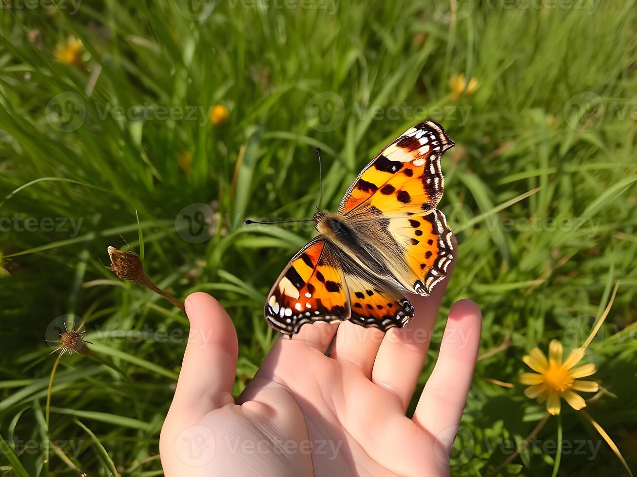 A person holding a butterfly on their hand in a field photo