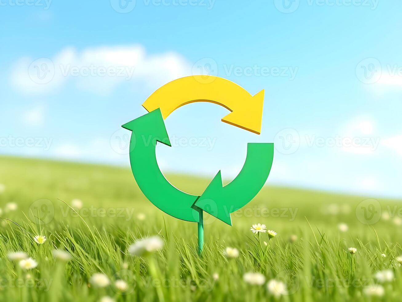 A recycling symbol is placed in a field of grass photo
