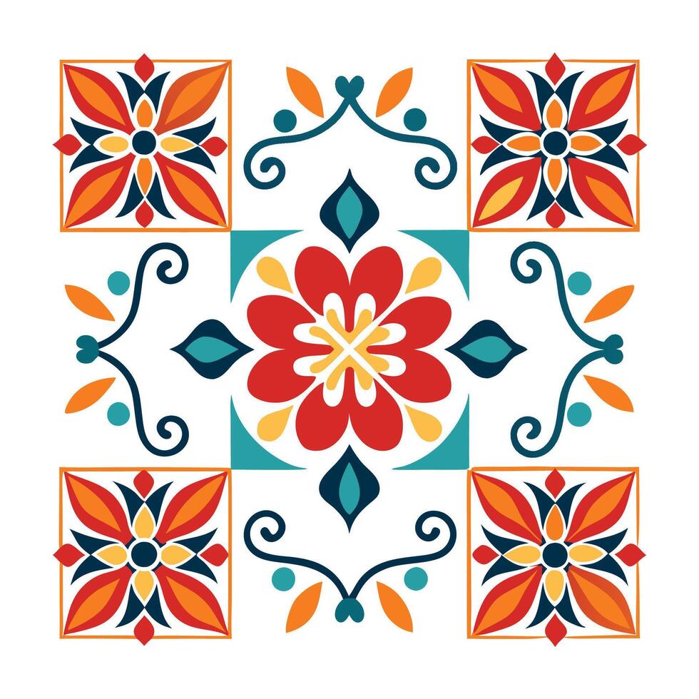 Vibrant floral tile pattern with orange, red, teal, and navy blue colors. vector