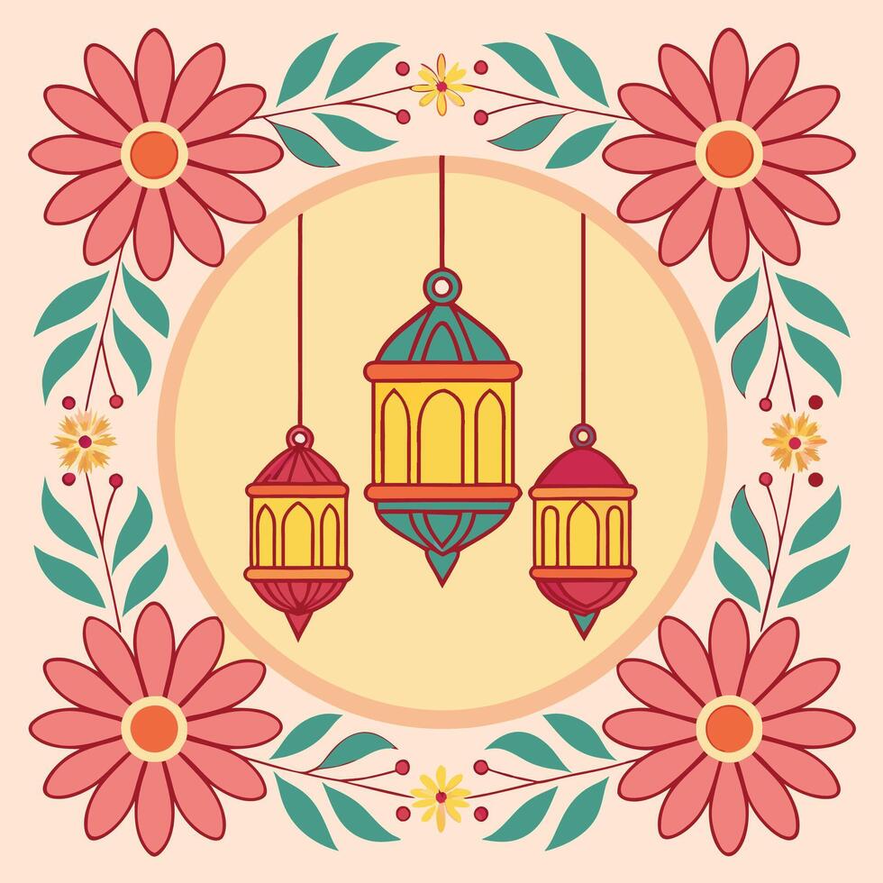 Three hanging lanterns surrounded by pink flowers and green leaves in a circular frame. vector