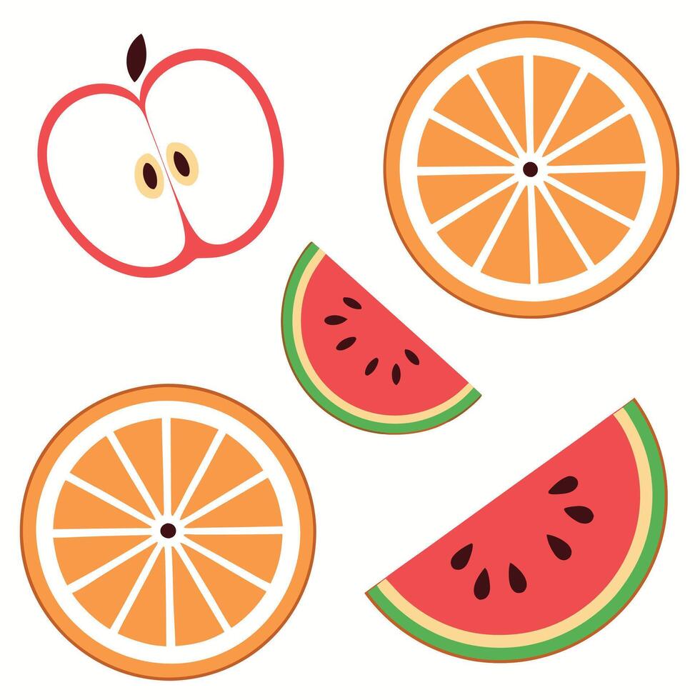 A flat lay image of sliced apple, orange and watermelon. vector