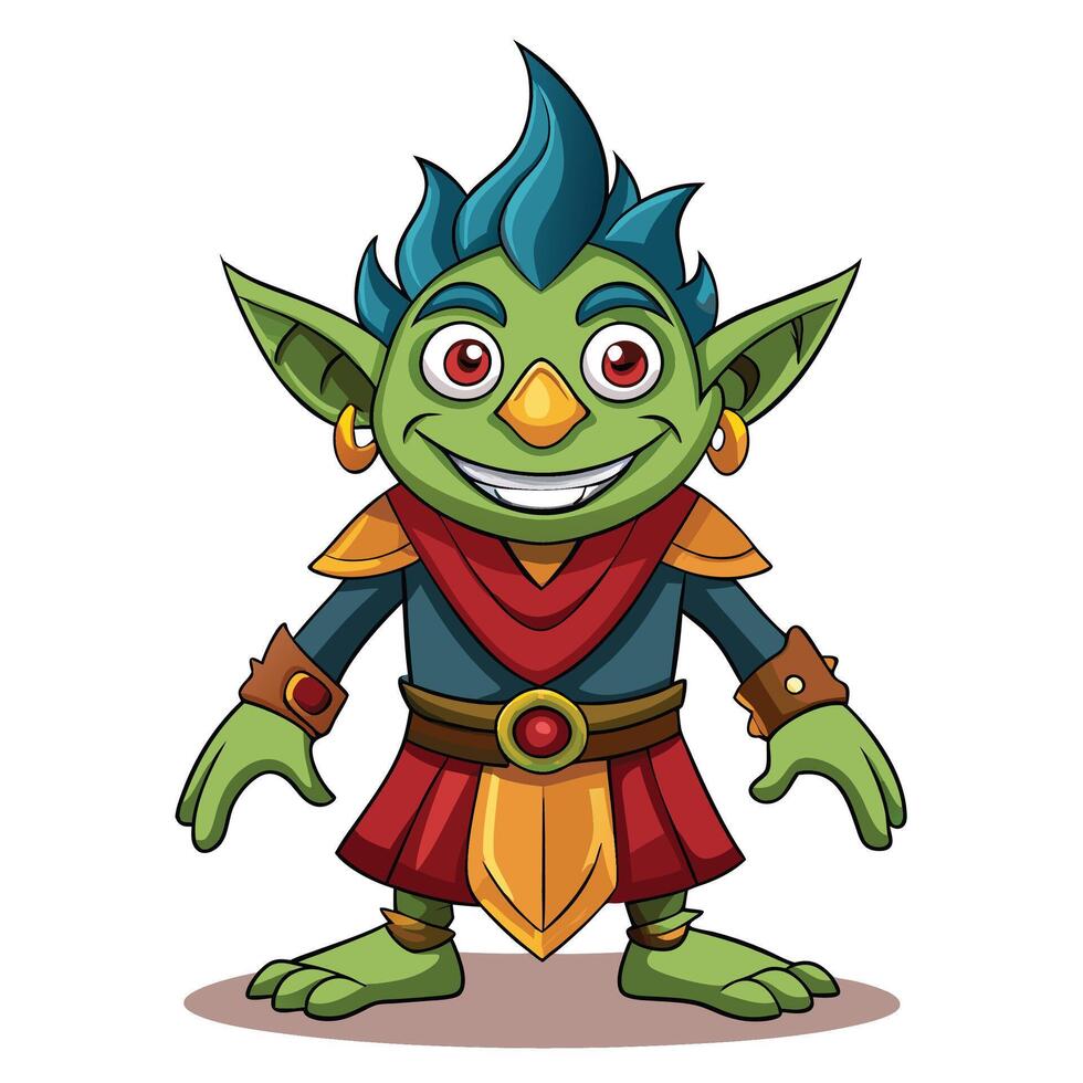 Cheerful green goblin cartoon character with teal hair, red and gold clothing, and large ears. vector