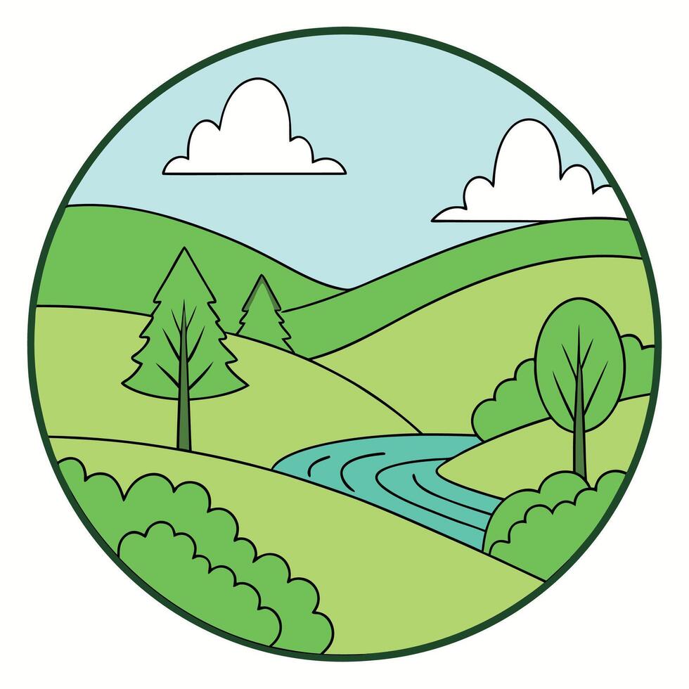 Circular illustration of a serene landscape featuring rolling green hills, a meandering river, lush trees, and fluffy clouds under a light blue sky. vector