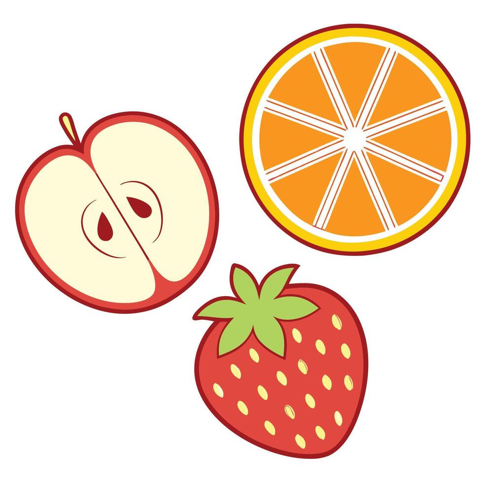 Apple, orange, and strawberry slices illustration. vector