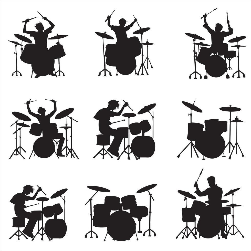 Drummer With Drums Silhouette, Musician artist stage performance illustration Bundle vector