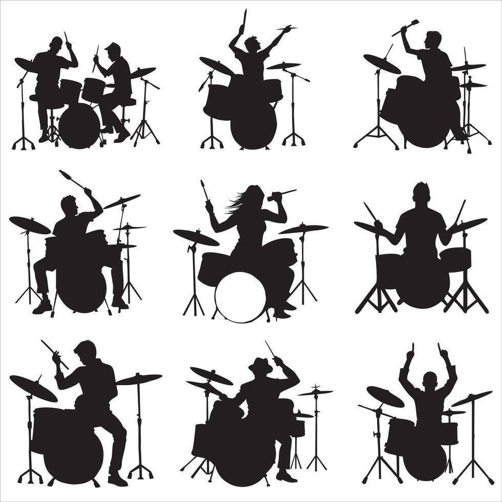 Set of Silhouette Drummer with Drums in Live Music Artist Illustration vector
