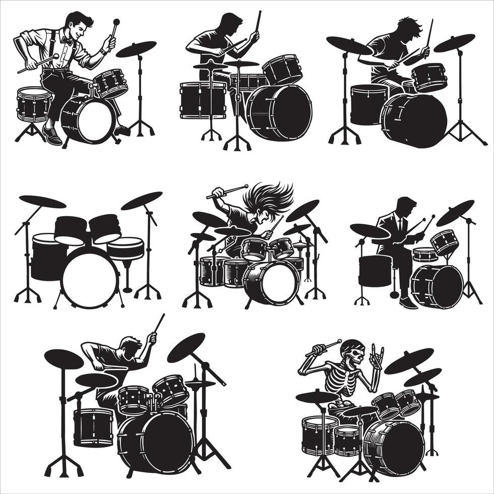Rock Drummer with Drums Silhouette in Stage Performance Design Bundle vector