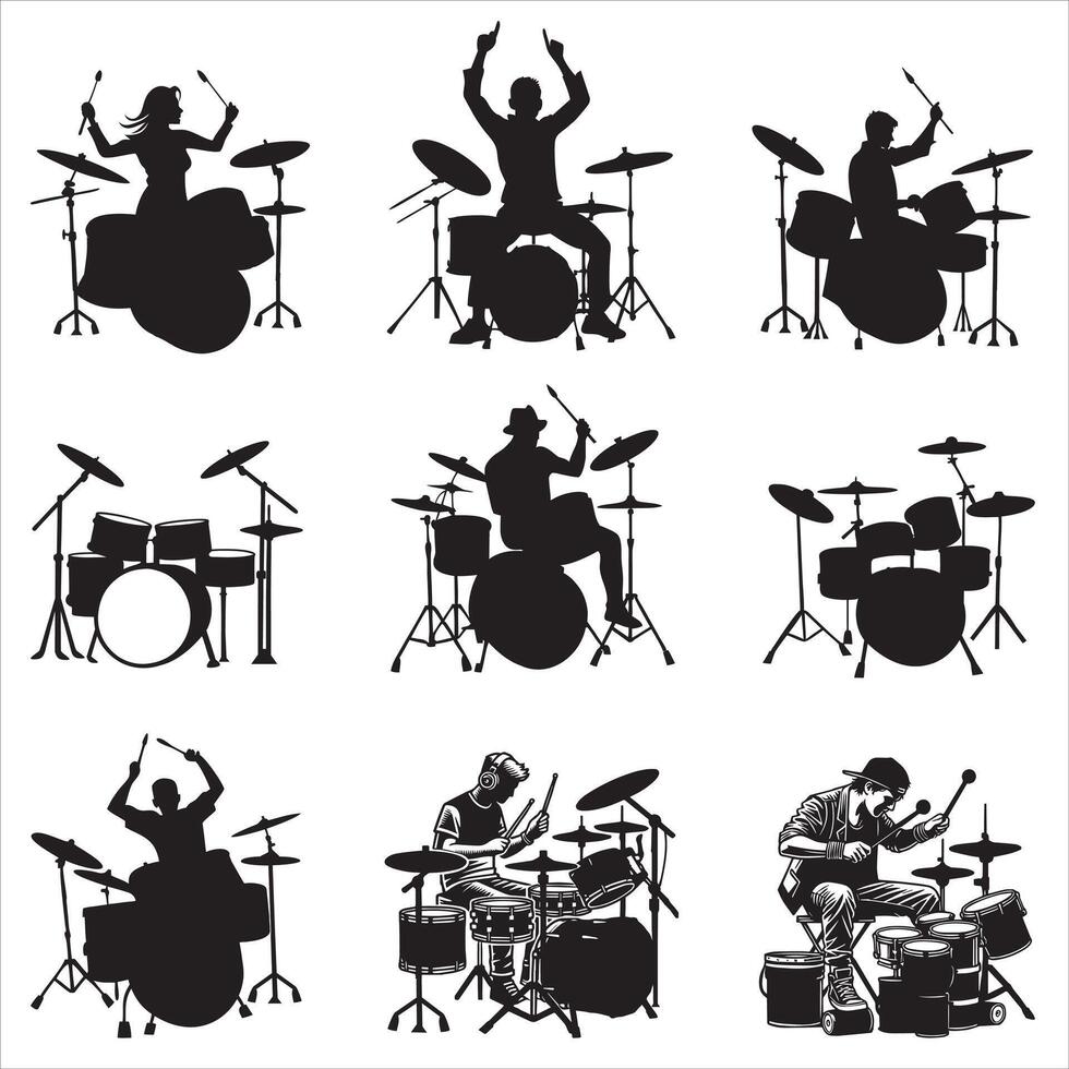 collection of Rock Drummer in Stage Performance Silhouette Artwork vector
