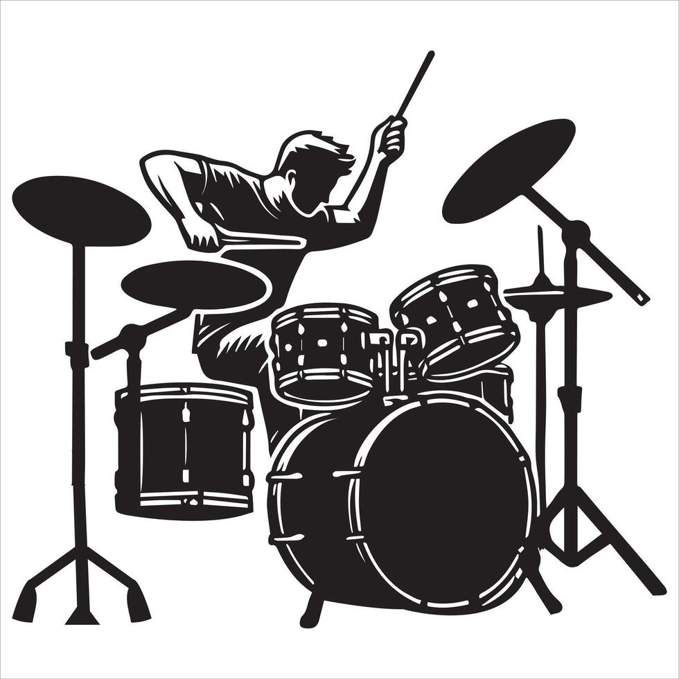 Dynamic Drummer with Drums Silhouette on Stage Illustration vector