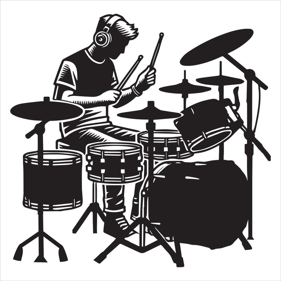 Drummer with Drums Silhouette in Stage Performance Illustration vector