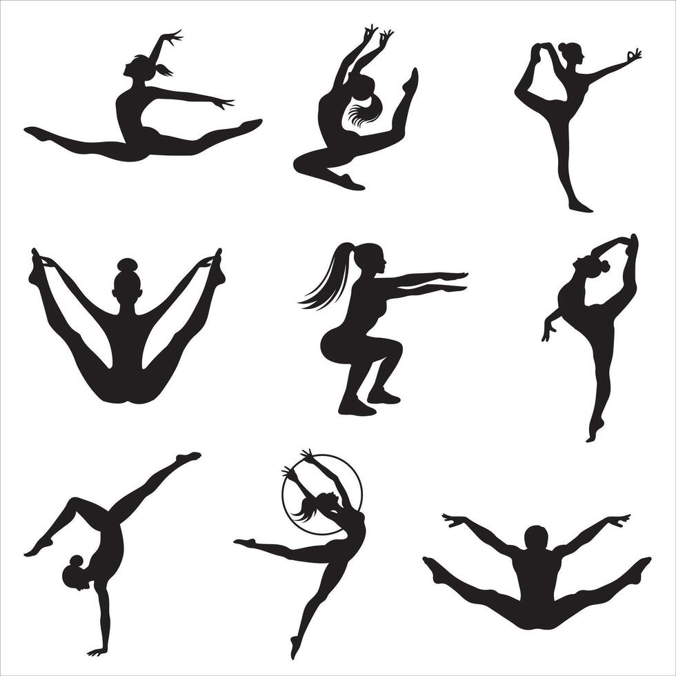 Collection of Beautiful Gymnast Girl Silhouette in Exercise Clipart Art vector
