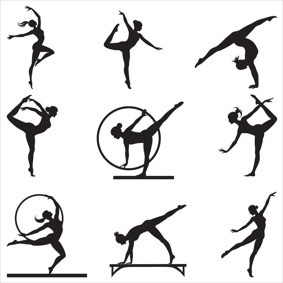 Set of Beautiful Gymnast Girl Silhouette in Exercise Clipart Art vector