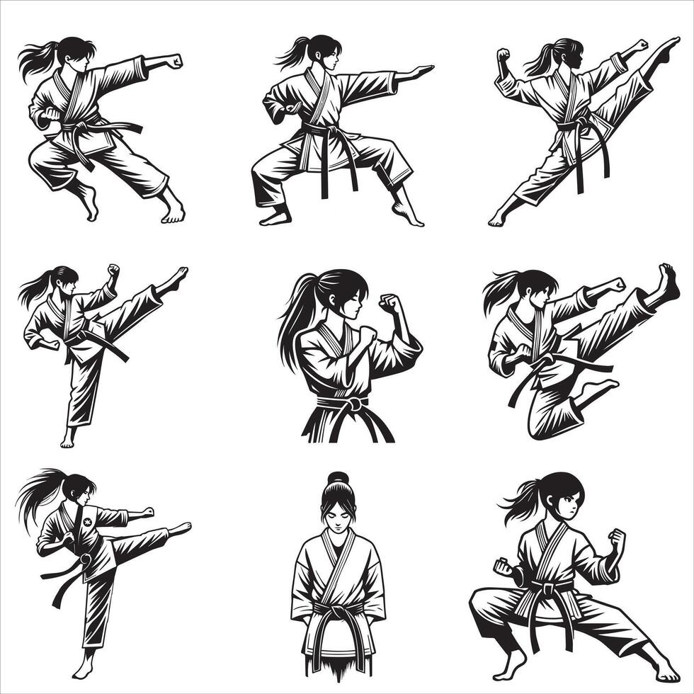 Karate Girl Action Pose in Taekwondo Martial Art Bundle vector