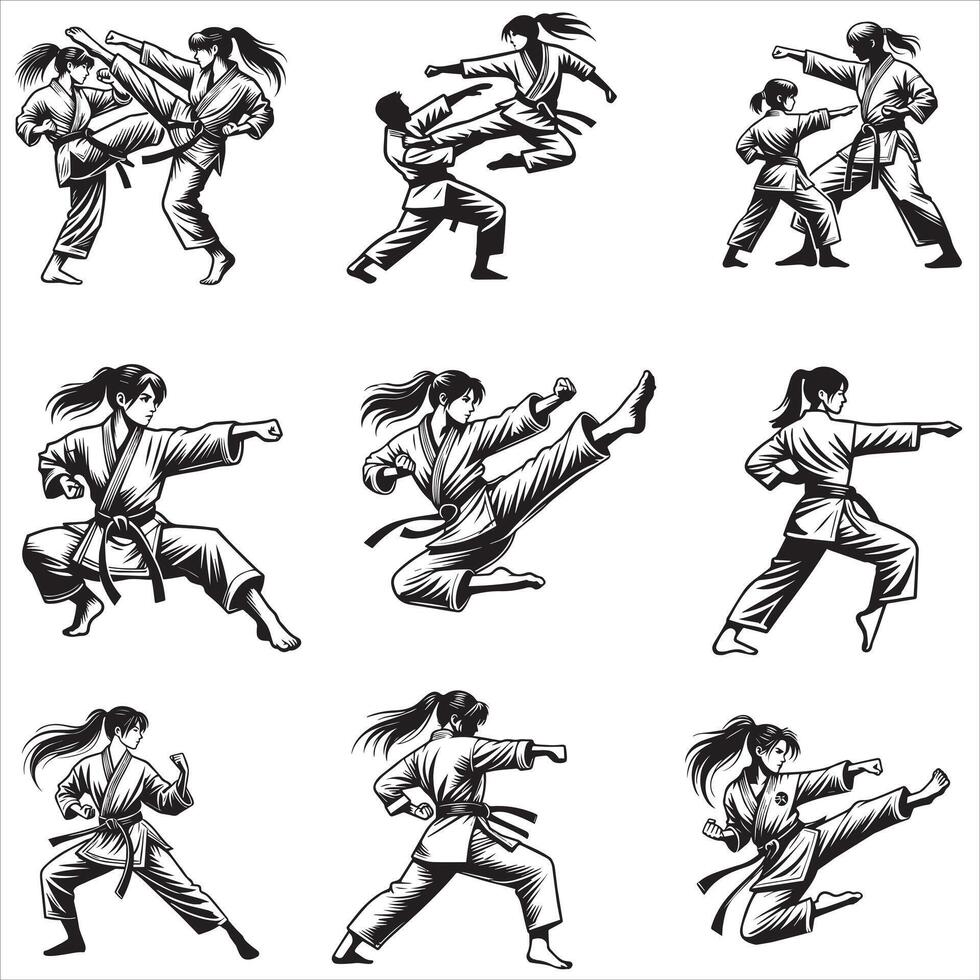 Set of Dynamic Taekwondo Karate Girl in Illustration Martial Art Design vector