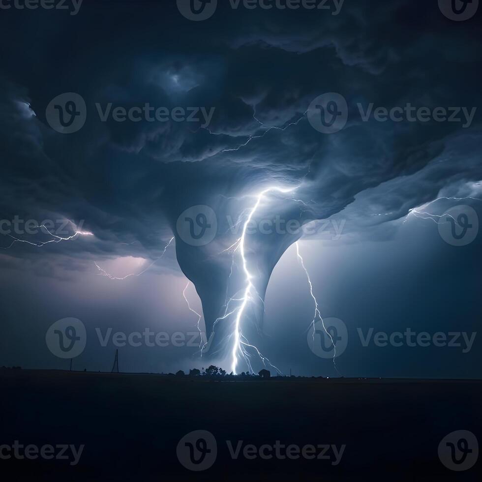 A tornado is seen in the sky with lightning photo