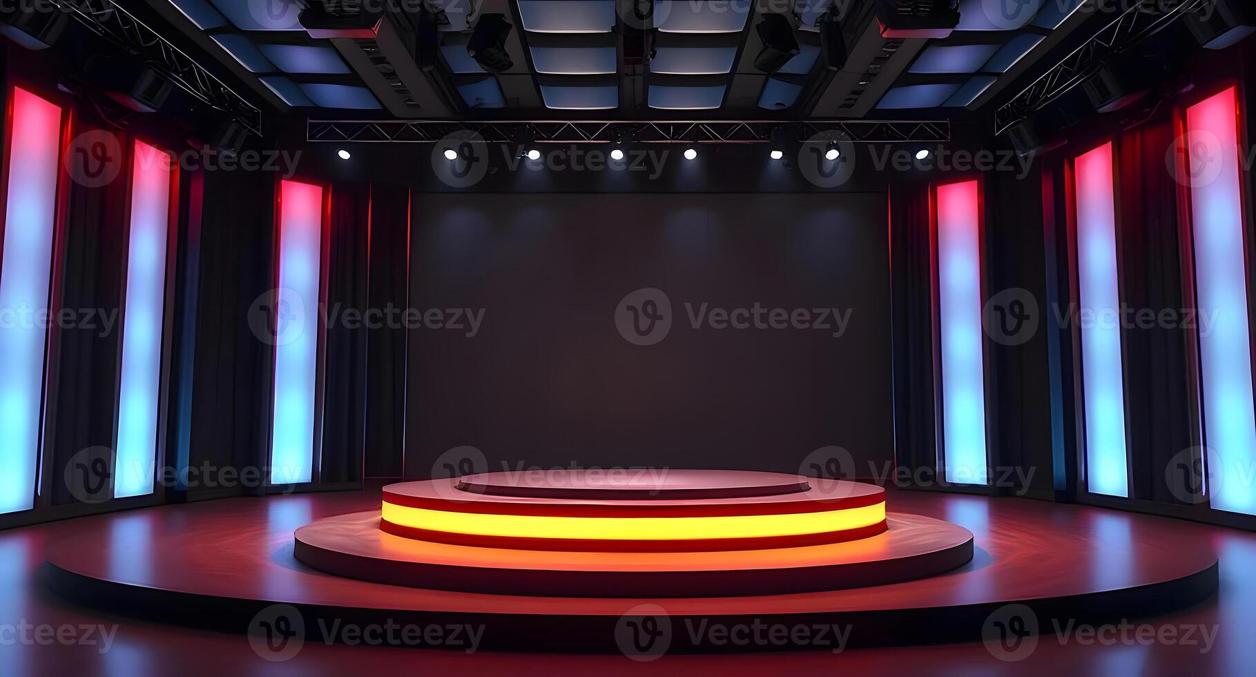 An empty stage with bright lights and a spotlight photo