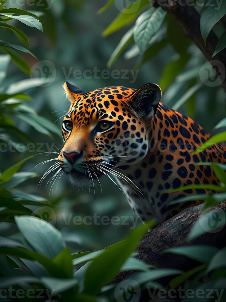 A leopard is sitting in the middle of the forest photo