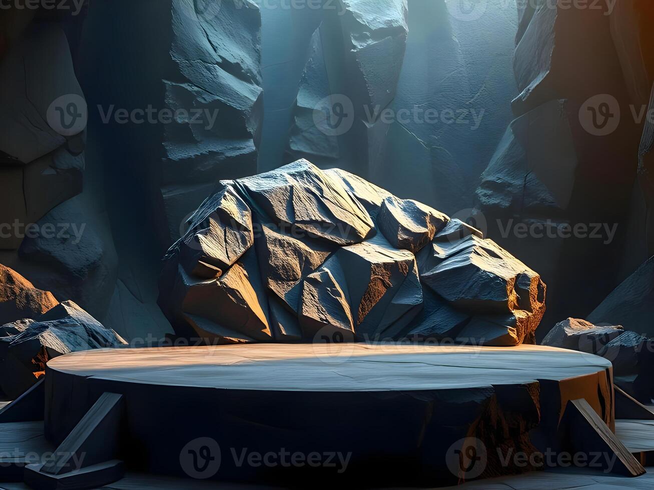 A stage with a rock wall in the background photo