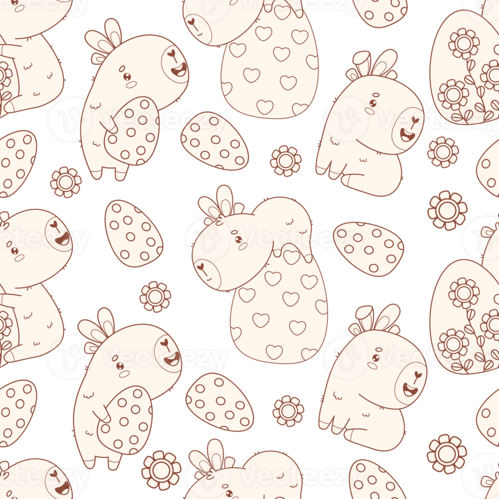 Easter Seamless Pattern. Capybaras with Paschal Eggs. Line Drawing, Outline png