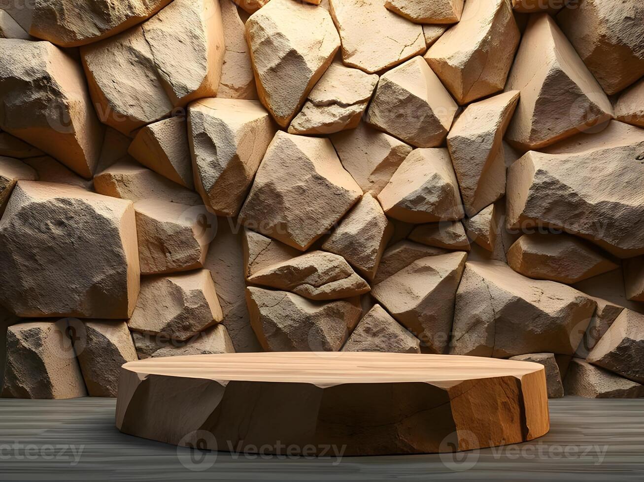 A stone wall with a wooden table in front of it photo