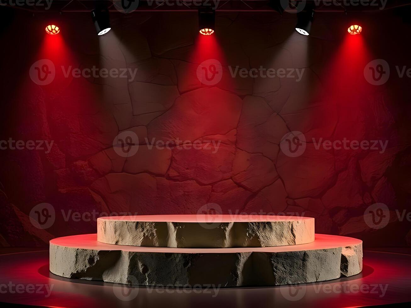 Stage with red lights and a rock wall photo