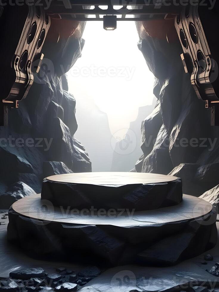 A large rock cavern with a stage in the middle photo