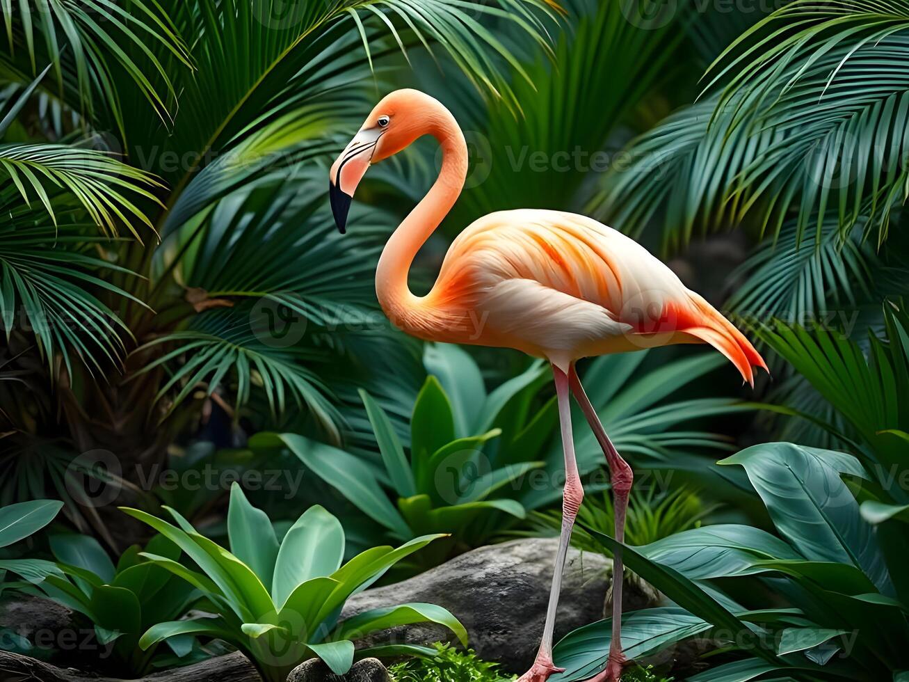 A flamingo stands in front of some plants photo