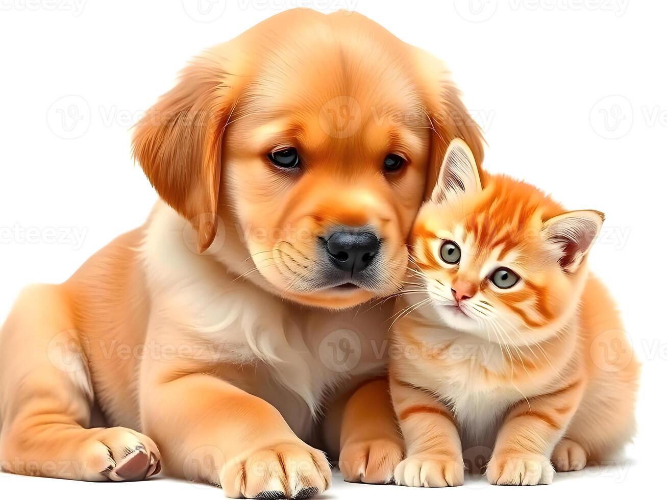 A dog and cat are sitting together on a white background photo