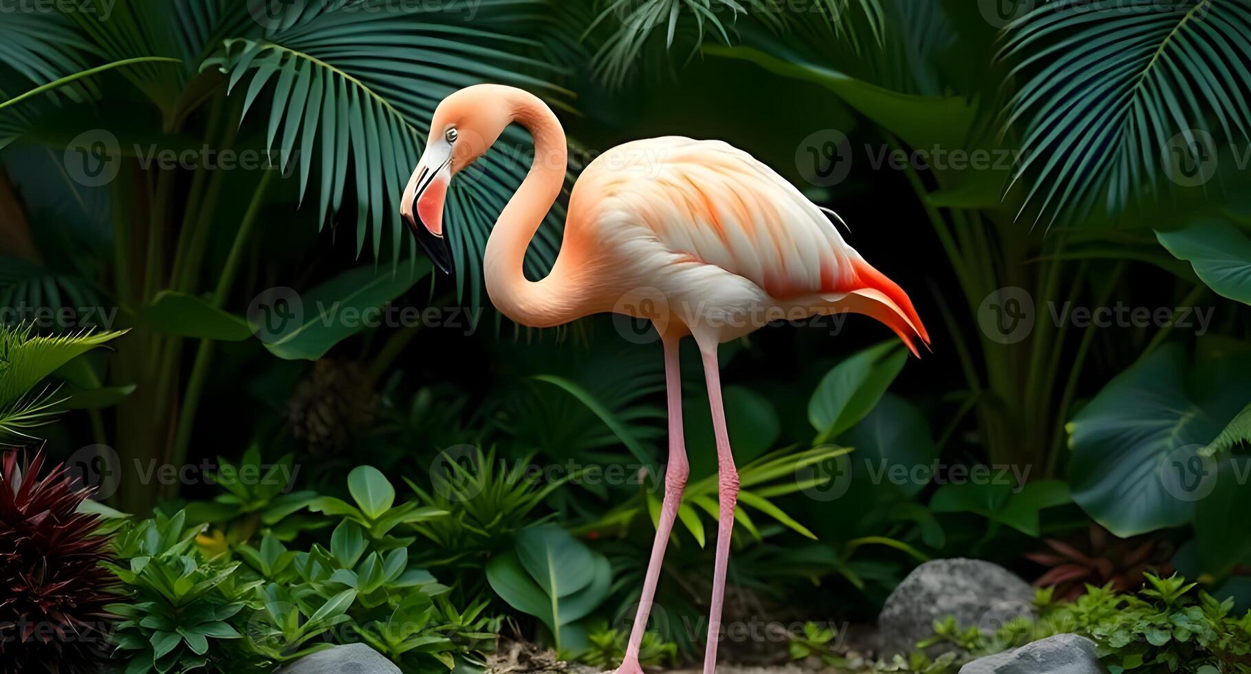 A flamingo standing in front of some plants photo