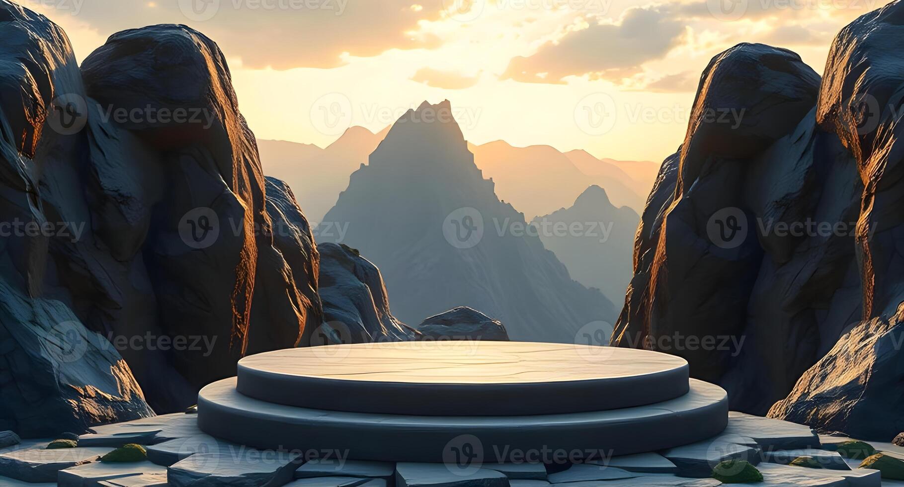 A stage with a large rock wall in the background photo