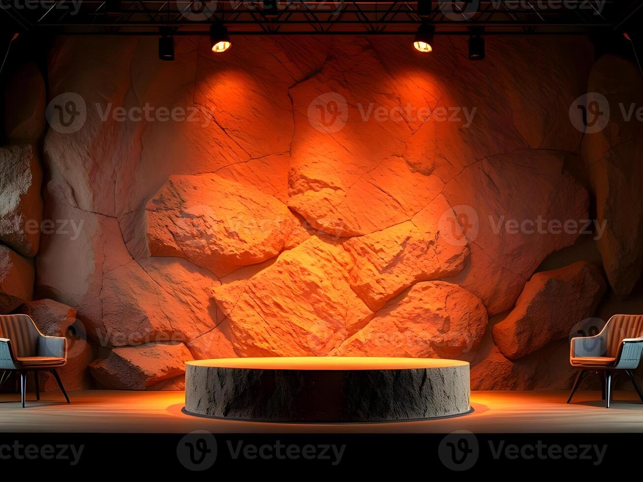 A stage with a rock wall and chairs photo