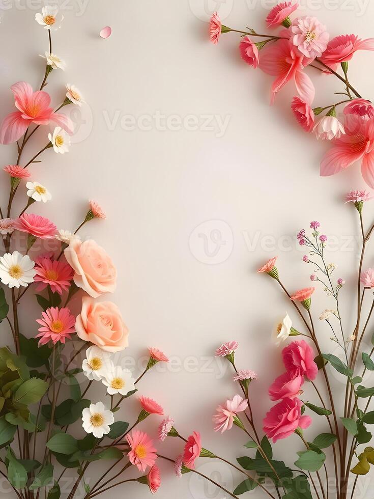 Flowers are arranged in a circle on a white background photo