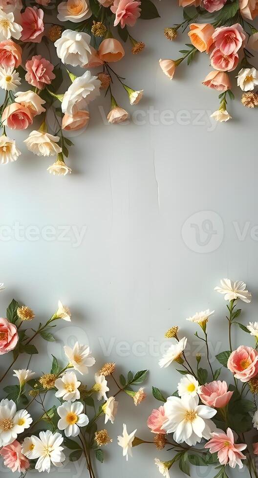 Flowers are arranged in a circle on a gray background photo