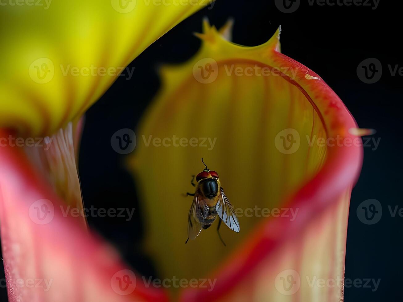 A fly is sitting inside of a pitcher plant photo