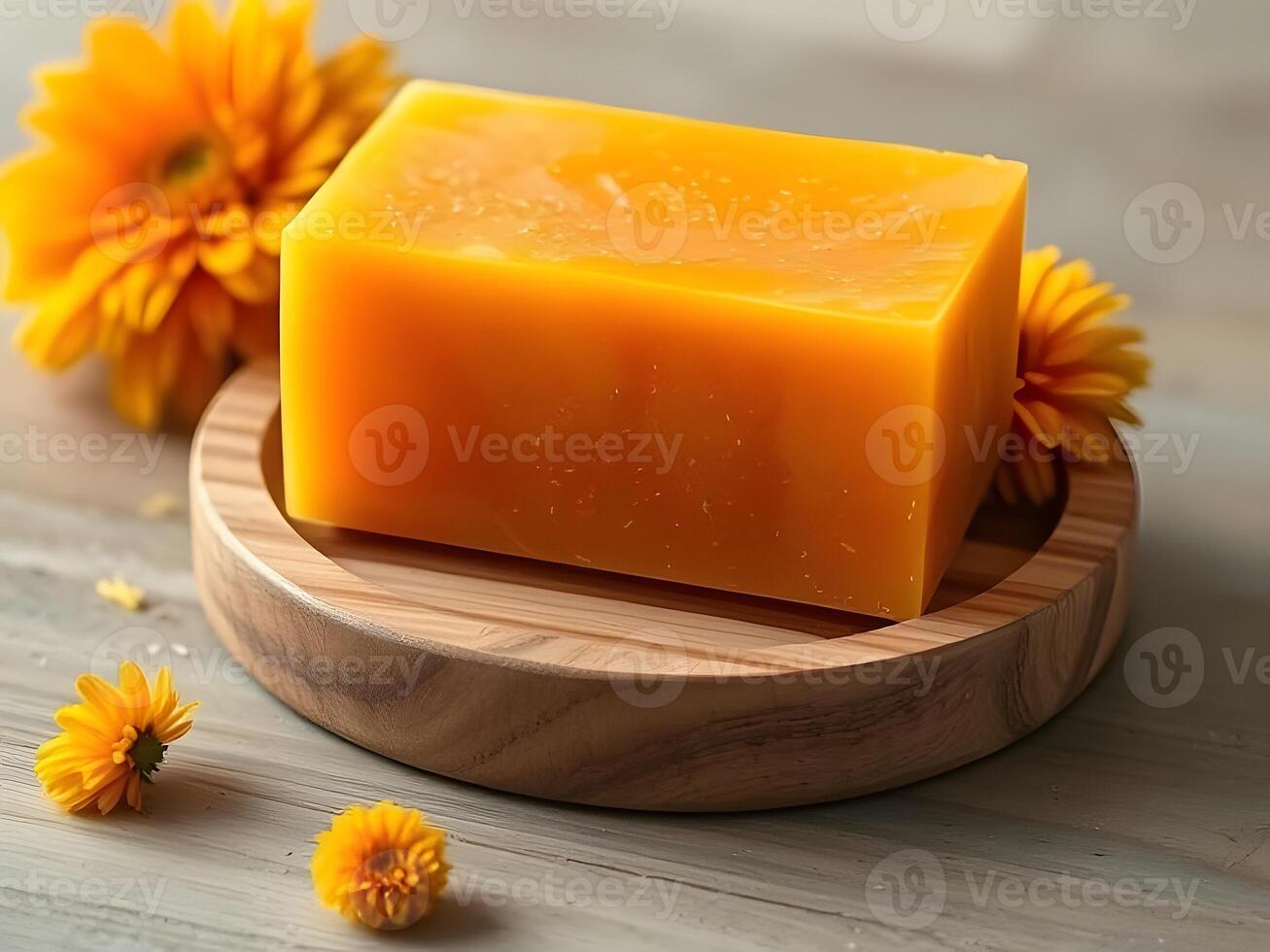 A soap bar with yellow flowers on a wooden table photo