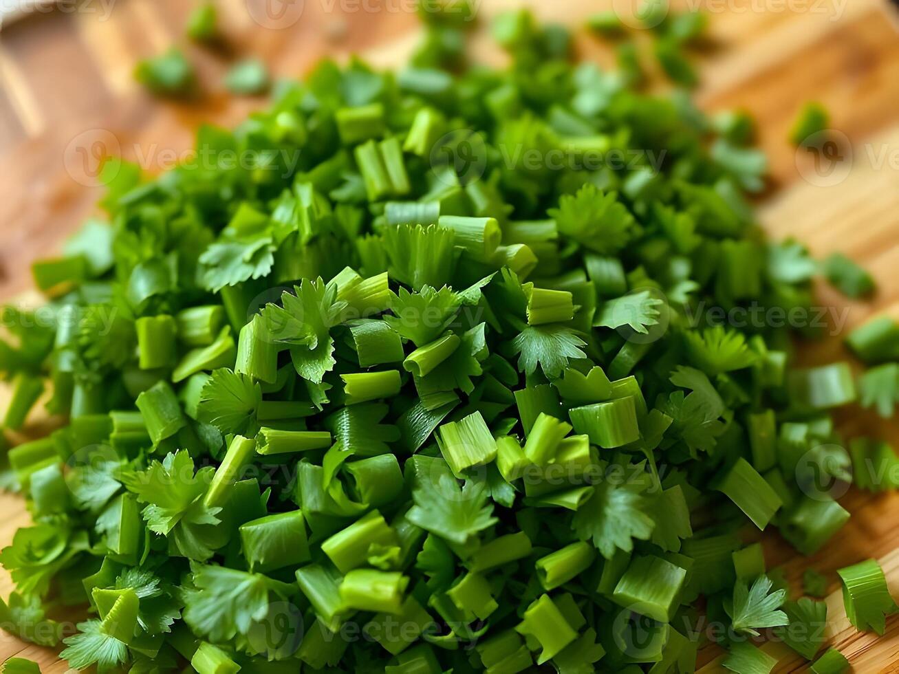 Chopped green onions on a cutting board photo